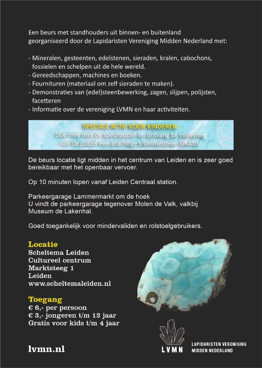 Achterkant affiche mineralenbeurs in Scheltema Leiden op zondag 4 september