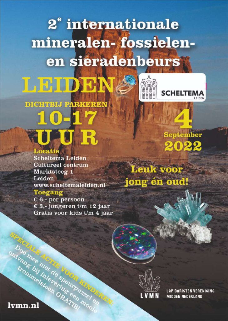 Voorkant affiche mineralenbeurs in Scheltema Leiden op zondag 4 september