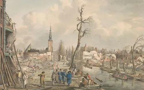 Koning Lodewijk Napoleon bezoekt de slachtoffers op de rampplek na de ontploffing van het Kruitschip in Leiden (1807).